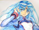  1girl artist_name blue_bodysuit bodysuit breasts floating_hair hair_behind_ear hand_in_own_hair headgear highres lafiel long_hair looking_to_the_side parted_bangs pilot_suit pointy_ears portrait seikai_no_senki simple_background small_breasts smile solo traditional_media white_background yonemura_kouichirou 