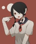  1girl bags_under_eyes bandage_over_one_eye bandaged_arm bandaged_fingers bandaged_head bandages black_hair braid daiseidou headband highres kobushi_abiru open_mouth red_background red_eyes sayonara_zetsubou_sensei school_uniform serafuku short_sleeves simple_background solo twin_braids 