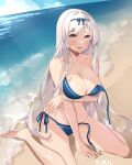  1girl beach bikini breasts brown_eyes collarbone commentary_request full_body highres kantai_collection kukimaru large_breasts long_hair looking_at_viewer ocean outdoors sand shoukaku_(kancolle) solo swimsuit very_long_hair 