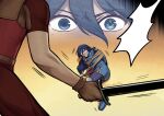  1boy 1girl bdsm blue_dress blue_eyes blue_footwear blue_hair bondage boots bound bow_(weapon) cloth_gag commentary commission dress fire_emblem fire_emblem_awakening gag gagged hiomaika holding holding_sword holding_weapon improvised_gag long_hair looking_at_viewer lucina_(fire_emblem) over_the_mouth_gag pants red_pants red_shirt rope shirt short_dress sword thigh_boots tiara weapon 