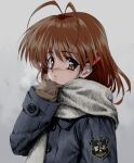  1girl absurdres alternate_costume black_coat blush brown_eyes brown_gloves brown_hair clannad coat commentary eyelashes eyes_visible_through_hair furukawa_nagisa gloves grey_background hair_between_eyes hair_intakes hair_ornament hairclip highres longmei_er_de_tuzi looking_at_viewer medium_hair nose_blush scarf simple_background sleeves_past_wrists solo uniform visible_air white_scarf winter 