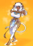  1girl absurdres animal_ears armlet ash_(fire_emblem) bracelet breasts brown_eyes cow_ears cow_girl cow_horns cow_tail dark-skinned_female dark_skin earrings fire_emblem fire_emblem_heroes full_body hair_ornament highres horns index_finger_raised jewelry large_breasts long_hair looking_at_viewer open_mouth pelvic_curtain smile solo sweat tail teeth tetsuji_(i_ttj_f_c) upper_teeth_only white_hair yellow_background 