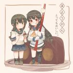  ! 2girls black_eyes black_hair black_skirt black_socks black_thighhighs blue_sailor_collar blue_skirt blush braid closed_mouth food food_on_face gloves hair_ribbon holding isokaze_(kancolle) isonami_(kancolle) itomugi-kun kantai_collection kneehighs long_hair long_sleeves multiple_girls neckerchief pleated_skirt red_eyes red_ribbon ribbon rudder_footwear sailor_collar school_uniform serafuku short_sleeves single_kneehigh single_sock single_thighhigh skirt smile socks spoken_exclamation_mark thighhighs tress_ribbon twin_braids wagashi white_gloves yellow_neckerchief youkan_(food) 