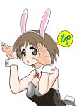  1girl animal_ears black_leotard bow bowtie bright_pupils brown_eyes brown_hair collar detached_collar fake_animal_ears fake_tail girls_und_panzer leaning_forward leotard looking_at_viewer maruyama_saki oekaki_ojiisan open_mouth playboy_bunny rabbit_ears rabbit_pose rabbit_tail red_bow red_bowtie short_hair simple_background solo strapless strapless_leotard tail white_background white_collar white_pupils wing_collar wrist_cuffs 
