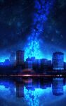  blue_theme building city city_lights cityscape commentary_request galaxy highres lens_flare meteor_shower milky_way night night_sky no_humans original outdoors pasoputi reflective_floor scenery sky sky_focus star_(sky) star_(symbol) starry_sky 