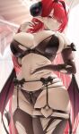  1girl absurdres azur_lane bare_shoulders black_bra black_panties black_thighhighs bra breasts cleavage curled_horns demon_girl demon_tail demon_wings detached_sleeves fouriasensei garter_belt highres hindenburg_(azur_lane) horns large_breasts lingerie long_hair looking_at_viewer navel panties pointy_ears purple_eyes red_hair slit_pupils solo stomach tail thighhighs thighs underwear wings 