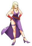  1girl bare_shoulders blonde_hair blue_eyes breasts choker commentary_request dress fingerless_gloves fujita_kakuji full_body gloves high_heels jenet_behrn large_breasts long_hair muscular muscular_female one_eye_closed purple_dress smile solo the_king_of_fighters thigh_strap white_background 