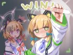 2girls animal_ear_headphones animal_ears arm_up bags_under_eyes blonde_hair blue_archive blue_bow blue_necktie blunt_bangs bow cat_ear_headphones closed_mouth collared_shirt commentary english_text fake_animal_ears green_eyes green_halo halo hassai headphones heart heart-shaped_pupils highres implied_pregnancy jacket long_sleeves low_tied_sidelocks midori_(blue_archive) momoi_(blue_archive) multiple_girls necktie open_mouth pink_bow pink_eyes pink_halo pregnancy_test shirt short_hair short_necktie smile symbol-shaped_pupils unbuttoned unbuttoned_shirt undone_necktie upper_body white_jacket wide_sleeves 