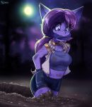  2023 anthro blue_eyes bottomwear bound breasts choker cloth_gag clothing detailed_background dirty doronkomajo eyebrows eyelashes female forest gag gagged hair hi_res jewelry league_of_legends midriff mud navel necklace night plant purple_body purple_hair quicksand riot_games shorts solo tree walking yordle 