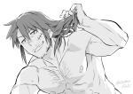  1boy abs bara chest_hair dasshu_(dashi_now) greyscale grin ishuzoku_reviewers leg_hair long_hair looking_at_viewer male_focus mature_male monochrome mustache_stubble nipples nude pectorals seductive_smile sidelocks smile solo sparse_stubble stomach stunk sweat taker_pov toned toned_male untying_hair upper_body 