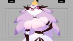  2023 angry animated anthro armwear big_breasts blinking breasts bridal_gauntlets clothing crown dress eyelashes feathers female hand_on_hip headgear helluva_boss hi_res laureano loop owl_demon pseudo_hair red_sclera simple_background solo stella_(helluva_boss) white_body white_clothing white_dress white_eyes white_feathers 