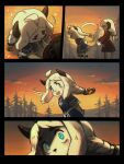  2girls absurdres ahoge animal_ears blue_dress blue_eyes braid colored_skin crying dress fantasy furry furry_female goat_ears goat_girl goat_horns highres horizontal_pupils horns medium_hair multiple_girls original porforever red_dress scared sunset sunset_(porforever) surprised twin_braids white_hair white_skin 