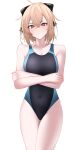  1girl absurdres ahoge bare_shoulders black_bow black_one-piece_swimsuit blonde_hair blue_one-piece_swimsuit blush bow breasts cleavage collarbone competition_swimsuit covered_navel crossed_arms fate/grand_order fate_(series) hair_bow highleg highleg_swimsuit highres koha-ace large_breasts looking_at_viewer nigori_(keydoor) okita_souji_(fate) okita_souji_(koha-ace) one-piece_swimsuit short_hair solo swimsuit thighs two-tone_swimsuit yellow_eyes 