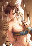  1girl 3boys absurdres arms_behind_back bracelet breasts brown_eyes brown_hair bun_cover chun-li cum cum_on_body cum_on_breasts double_bun ejaculation facial hair_bun hand_on_another&#039;s_head highres jewelry large_breasts multiple_boys muscular muscular_female paizuri penis street_fighter tff 