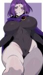  1girl black_leotard breasts cameltoe cape colored_skin dc_comics forehead_jewel from_below grey_skin highres huge_breasts leotard long_sleeves looking_at_viewer looking_down parted_bangs pout purple_eyes purple_hair raven_(dc) short_hair solo teen_titans thick_thighs thighs yoshiikirablr 