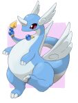  ambiguous_gender belly blue_body claws dragon dragonair fakemon feathered_wings feathers feral gem generation_1_pokemon head_wings hi_res horn nintendo one_leg_up pink_background pokemon pokemon_(species) raised_leg red_eyes simple_background solo ukan_muri winged_head wings 