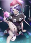  1girl absurdres black_dress blue_eyes blue_hair doremy_sweet dream_soul dress foot_out_of_frame hand_up hat highres leg_up nightcap pom_pom_(clothes) red_headwear short_hair short_sleeves sitting socks tail thighs touhou white_socks yujin_(kanouyuuto-0423) 