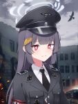  1girl 3d_background black_hair black_necktie blue_archive blunt_bangs blurry building collared_shirt commentary cross depth_of_field english_commentary halo hat highres iron_cross long_hair long_sleeves looking_at_viewer military_uniform miyu_(blue_archive) necktie outdoors peaked_cap red_eyes shirt shizudraw sidelocks skyscraper solo uniform waffen-ss world_war_ii 