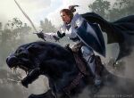  1girl animal armor brown_hair company_name greg_rutkowski holding holding_shield holding_sword holding_weapon jaguar magic:_the_gathering open_mouth outdoors ponytail sharp_teeth shield sword teeth watermark weapon 