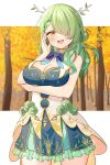  1girl absurdres antlers arm_under_breasts bakedmonogamy blue_dress blue_ribbon blush breasts ceres_fauna ceres_fauna_(1st_costume) cleavage dress flower frilled_skirt frills green_flower green_hair green_skirt hair_flower hair_ornament highres hololive hololive_english large_breasts layered long_hair looking_at_viewer mole mole_under_eye ribbon skirt sleeveless sleeveless_dress smile solo teeth tree upper_teeth_only virtual_youtuber white_dress white_flower yellow_eyes 