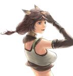  1girl :d animal_ears avatar_(ff11) black_gloves blue_eyes breasts brown_hair cactus41747280 cat_ears cat_girl colored_eyelashes eyelashes final_fantasy final_fantasy_xi fingerless_gloves floating_hair gloves highres long_hair low-tied_long_hair medium_breasts mithra_(ff11) open_mouth simple_background smile solo white_background 