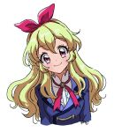  1girl aikatsu! aikatsu!_(series) blonde_hair blue_jacket blush bow closed_mouth cropped_torso hair_between_eyes hair_bow hoshimiya_ichigo jacket long_hair looking_at_viewer neck_ribbon red_bow red_eyes red_ribbon ribbon rituyama1 school_uniform shirt signature simple_background smile solo starlight_academy_school_uniform upper_body white_background white_shirt 