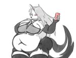  2019 anthro armwear belly black_armwear black_clothing black_nose breasts canid canid_demon canine canis clothing collar demon digital_drawing_(artwork) digital_media_(artwork) female fur grey_hair hair hellhound helluva_boss holding_object holding_phone loona_(helluva_boss) mammal mizz-britt overweight overweight_anthro overweight_female phone red_sclera simple_background solo white_background white_body white_fur wolf 