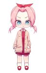  1girl absurdres alternate_costume alternate_hairstyle blue_eyes bow brown_jacket chibi dress hair_bow haruno_sakura highres ille_(xcpa7325) jacket long_sleeves naruto naruto_(series) open_clothes open_jacket pink_hair red_bow red_dress short_hair socks solo tears twintails white_background white_socks 