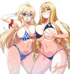  2girls :o ahoge american_flag_bikini aqua_eyes bikini blonde_hair blue_eyes breast_grab breast_hold breasts charlotte_(last_origin) cleavage collarbone commission contrapposto cowboy_shot curly_hair dot_nose drill_hair english_commentary flag_print forehead grabbing hair_between_eyes hand_on_another&#039;s_hip hand_up harpyia_(last_origin) highres huge_breasts last_origin legs_apart long_hair looking_at_viewer multiple_girls navel o-ring open_mouth pixiv_commission rantia reflection reflective_water signature simple_background swimsuit teeth thighs upper_teeth_only w white_background 