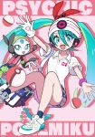  1girl :d arm_up bag beanie bracelet collared_shirt commentary_request eyelashes gloves green_eyes green_hair grey_skirt hair_between_eyes hat hatsune_miku headphones highres jewelry long_hair looking_at_viewer meloetta open_mouth poke_ball poke_ball_(basic) pokemon pokemon_(creature) project_voltage psychic_miku_(project_voltage) ryoha_kosako shirt shoes short_sleeves skirt smile socks twintails vocaloid white_footwear white_gloves white_headwear white_shirt 