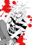  1boy blood blood_splatter commentary_request crossed_legs highres long_hair looking_at_viewer male_focus millennium_ring pants red_eyes shirt smile solo spot_color striped striped_shirt yagamikan yami_bakura yu-gi-oh! yu-gi-oh!_duel_monsters 