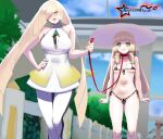  2girls awesomeerix bare_shoulders bikini black_bikini blonde_hair blue_sky blush braid breasts collar collarbone dress gem gradient_dress green_eyes green_gemstone hair_over_one_eye hat highres jewelry large_breasts leash leggings lillie_(pokemon) long_hair looking_at_viewer lusamine_(pokemon) micro_bikini mother_and_daughter multiple_girls navel neck_ring open_mouth pokemon pokemon_(game) pokemon_sm pout sidelocks sky small_breasts smile sun_hat swimsuit thighs twin_braids white_dress white_headwear white_leggings yellow_dress 