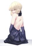  1girl absurdres artoria_pendragon_(fate) bare_back black_dress black_ribbon blonde_hair braid dress fate/grand_order fate_(series) from_behind hair_ribbon highres looking_at_viewer looking_back okuma707 ribbon saber_alter short_hair simple_background sitting solo white_background yellow_eyes 