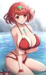  1girl absurdres bikini blurry blurry_background breasts cleavage collarbone earrings gonzarez highres jewelry large_breasts looking_at_viewer orange_eyes pyra_(xenoblade) red_bikini red_hair sandals short_hair smile swept_bangs swimsuit tiara water xenoblade_chronicles_(series) xenoblade_chronicles_2 