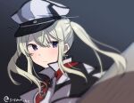  1girl bangs blonde_hair blush capelet closed_mouth graf_zeppelin_(kancolle) hair_between_eyes hat highres kantai_collection long_hair one-hour_drawing_challenge peaked_cap portrait purple_eyes shirasumato sidelocks solo twintails twitter_username white_capelet white_headwear 