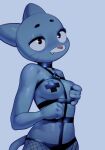  2023 anthro areola bdsm_gear blue_body blue_fur blush breasts cartoon_network choker domestic_cat felid feline felis female fur hi_res jewelry mammal mature_anthro mature_female necklace nicole_watterson nipples pasties qupostuv35 simple_background solo the_amazing_world_of_gumball 