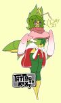  antennae_(anatomy) anthro breasts clothing english_text eyewear female generation_5_pokemon glasses green_background green_body green_hair hair happy hi_res jacket leavanny nintendo pokemon pokemon_(species) red_eyes simple_background solo sweater tattoorexy text topwear 