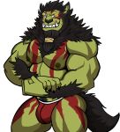  canid canine canis claws clothing darknaigart flexing fur green_body green_skin hi_res humanoid igroc_(secretkaal) jockstrap male mammal musclegut nipples orc pecs solo tail tattoo underwear were werecanid werecanine werewolf wolf 