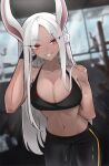  1girl absurdres animal_ears arm_behind_back ass_visible_through_thighs bare_shoulders black_gloves black_pants black_sports_bra blurry blurry_background boku_no_hero_academia breasts breath cleavage collarbone dark-skinned_female dark_skin dizzykone gloves gym hair_over_shoulder hand_to_head highres indoors large_breasts long_eyelashes long_hair looking_at_viewer mirko navel pants parted_bangs rabbit_ears rabbit_girl red_eyes smile solo sports_bra stomach sweat thighs tight_clothes tight_pants toned very_long_hair white_hair yoga_pants 