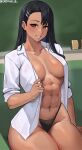  abs absurdres asymmetrical_bangs black_hair breasts brown_eyes cleavage collared_shirt cromwellb dark-skinned_female dark_skin dress_shirt earclip grin hair_ornament hairclip highres ijiranaide_nagatoro-san medium_breasts nagatoro_hayase open_clothes open_shirt shirt smile tan thong white_shirt 