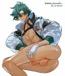  1boy absurdres bottomless brown_eyes dark_green_hair fairytale_police_hoe_department feet_out_of_frame flaccid foreskin gloves highres jacket leather_strap legacy_zechs male_focus nipples pectorals penis satou_kotarou_(fairytale_police_hoe_department) simple_background smile testicles thighs twitter_username white_background white_gloves white_jacket 