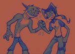  2022 4_fingers activision anthro arm_tattoo bandicoot biped bottomwear brother brother_and_sister brown_background clothed clothing coco_bandicoot constantinnen crash_bandicoot crash_bandicoot_(series) duo eyes_closed eyewear eyewear_on_head female fingers gesture goggles goggles_on_head grin hair handshake hi_res male mammal marsupial pants ponytail portrait sibling simple_background sister smile tattoo three-quarter_portrait topless 