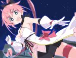 1girl :d bare_shoulders black_eyes black_skirt breasts cleavage commentary_request gloves ixy looking_at_viewer lyristia magical_valkyrie_lyristia medium_breasts night night_sky open_mouth outdoors pink_hair ponytail skirt sky smile solo thick_eyebrows thigh_strap thighs white_gloves 