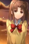  1girl blush bow bowtie brown_eyes brown_hair cardigan closed_mouth cloud collared_shirt commentary_request head_tilt highres long_hair long_sleeves looking_at_viewer orange_sky outdoors parted_bangs red_bow red_bowtie school_uniform shirt sky smile solo sunset tsukihime tsukihime_(remake) two_side_up uniform vent_vert_(kuuya) white_shirt yellow_cardigan yumizuka_satsuki 