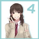  1girl :d aqua_border braid brown_eyes brown_hair collared_shirt commentary countdown diagonal-striped_necktie double_v grin hands_up ishii_haruna light_blush long_sleeves looking_at_viewer medium_hair mole mole_under_eye necktie nigari_(ngari_0115) real_life red_necktie school_uniform shirt simple_background sleeves_past_wrists smile solo twin_braids v voice_actor white_background white_shirt 