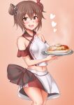  1girl anti_(untea9) black_bow bow brown_eyes brown_hair cowboy_shot double_bun food gradient_background hair_bun heart highres kantai_collection multicolored_clothes multicolored_skirt official_alternate_costume red_background shirt short_hair skirt smile solo tan_yang_(kancolle) white_shirt white_skirt yukikaze_(kancolle) 