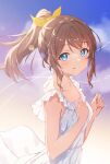  1girl absurdres backlighting bang_dream! bare_arms blue_eyes blue_sky blurry breasts brown_hair chromatic_aberration cloud collarbone commentary depth_of_field dress evening frilled_dress frills from_side gradient_sky grin hair_ribbon highres light_blush light_particles looking_at_viewer looking_to_the_side medium_breasts medium_hair negoma54 outdoors parted_lips ponytail purple_sky ribbon sidelocks sky sleeveless sleeveless_dress smile solo standing sundress upper_body white_dress yamabuki_saya yellow_ribbon 