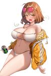  1girl :o absurdres ahoge anis_(nikke) anis_(sparkling_summer)_(nikke) bikini blush breasts brown_hair can cleavage commentary drink drooling drunk eyepatch_bikini eyewear_on_head feet_out_of_frame goddess_of_victory:_nikke hair_intakes highres holding holding_can jacket jesh_art jewelry large_breasts looking_at_viewer mouth_drool navel necklace off_shoulder official_alternate_costume open_clothes open_jacket open_mouth pink-tinted_eyewear short_hair side-tie_bikini_bottom signature simple_background solo stomach string_bikini sunglasses swimsuit tinted_eyewear white_background white_bikini yellow_eyes yellow_jacket 