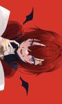  1girl ange_katrina ange_katrina_(1st_costume) bandaid bandaid_on_hand black_nails black_wings blue_eyes detached_wings hair_intakes haruwo highres nijisanji open_mouth red_background red_hair short_hair sideways simple_background solo vampire_(vocaloid) virtual_youtuber wings 