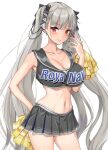  1girl alternate_costume amagi_(amagi626) arm_behind_back azur_lane black_nails blush breasts cheerleader cleavage collarbone cropped_shirt earrings formidable_(azur_lane) grey_hair grey_shirt grey_skirt hand_on_own_face highres jewelry large_breasts long_hair looking_at_viewer midriff miniskirt navel pleated_skirt red_eyes sailor_collar shirt simple_background skirt smile solo standing twintails upper_body very_long_hair white_background 